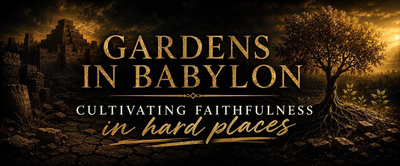 Gardens in Babylon — Cultivating Faithfulness in Hard Places. A tree rooted in cracked earth beside the ruins of ancient Babylon.